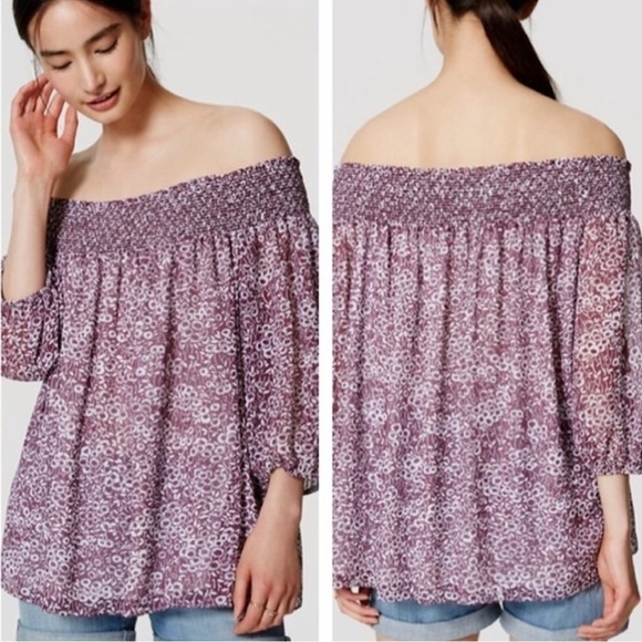 Ann Taylor Loft Mauve Floral Off The Shoulder Blouse 3/4 Sleeve Size S - Picture 8 of 8